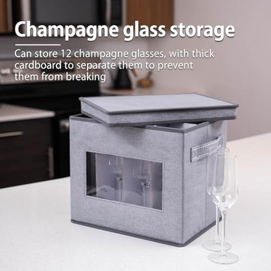 VENO 2 Pack Champagne Flute Glass Storage Box with Lid and Handles, Moving Boxes for Glasses, China Organizer Container, Glassware Holder, Dividers for 12 Glasses (2 Pack, Champagne Flute)