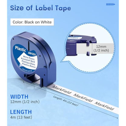 4X MarkField Compatible Plastic Label Tape Replacement for Dymo LetraTag Labels 12 mm x 4 m 91201, Compatible with Dymo LetraTag LT-100H LT-100T LT-110T XR XM 200B QX 50, Black on White