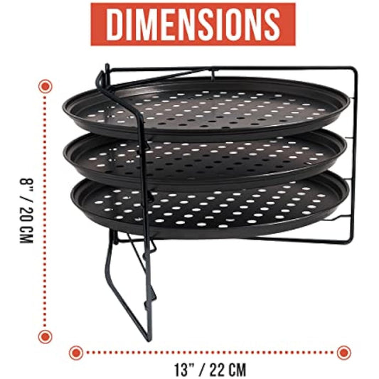 Chef Pomodoro Pizza Baking Set with 3 Pizza Pans and Pizza Rack, (33 cm Pans), Non-Stick Perforated Pizza Trays for Oven, Pizza Pan with Holes for Oven, Barbeque, Bakeware