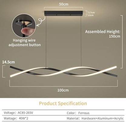 Mikeru 100CM Wave Pendant Light, 10%-100% Dimmable, Remote Control for 3 Colors Light 3000K/4500K/6000K, Black Kitchen Island Lights for Dining Room, Living Room