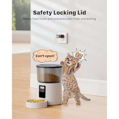 BEMOONY Automatic Cat & Dog Feeder, 5L Food Dispenser with 1-6 Meals, Customized Schedule, Dual Power, Double Lock, 10s Voice Reminder, White