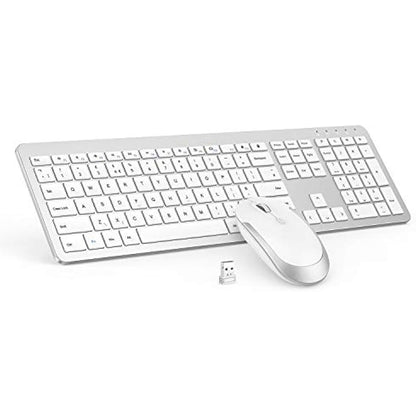 seenda Wireless Keyboard and Mouse Set, SK38 Ultra Slim Quiet USB Wireless Keyboard and Mouse Full Size QWERTY UK Layout with Numeric Keypad for Windows PC, Laptop, Computer, White and Silver