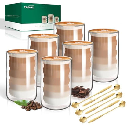 twoant 6 x 400ml Double Walled Glass Coffee Mugs with 6 Spoons,Cappuccino Latte Tea Cups Clear Coffee Cups Borosilicate Heat Resistant Glasses Cups