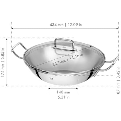 ZWILLING Wok, Incl. Glass Lid and Removable Grid Insert, Suitable for Induction, Ø 32 cm, Stainless Steel, Plus, Silver, 8L, Pack of 1