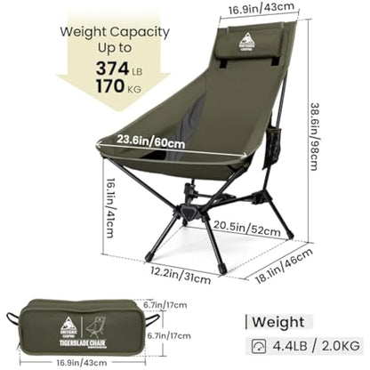 OneTigris Tigerblade High Back Camping Chair with Pillow Design, Comfortable Widened Seat Folding Chair