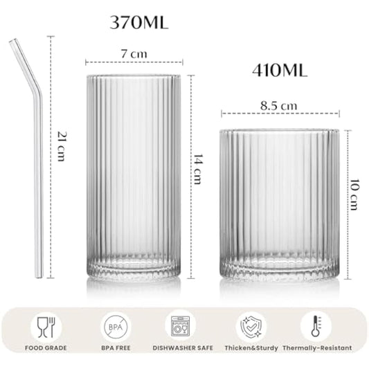 INSETLAN 8 Piece Ribbed Glassware - 4 Highball Glasses 12 oz, 4 Rocks Glass Cups 14 oz, Vintage Cocktail Drinking Glasses, Ideal for Wine, Juice, Water, Ice Coffee Cup, Whiskey, Mixed Drinkware
