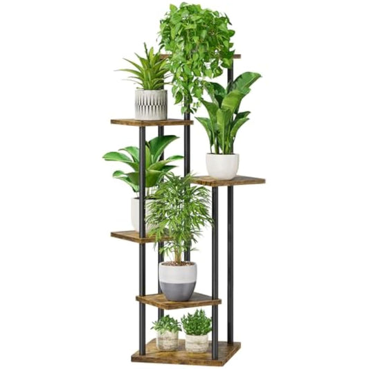 LyTaispuly 6 Tier Tall Corner Plant Stands Indoor Outdoor, 115cm Large Metal Wood Plant Stand Flower Shelf for Multiple Plants, Tiered Plant Holder Rack for Balcony Garden Patio Living Room (Black)