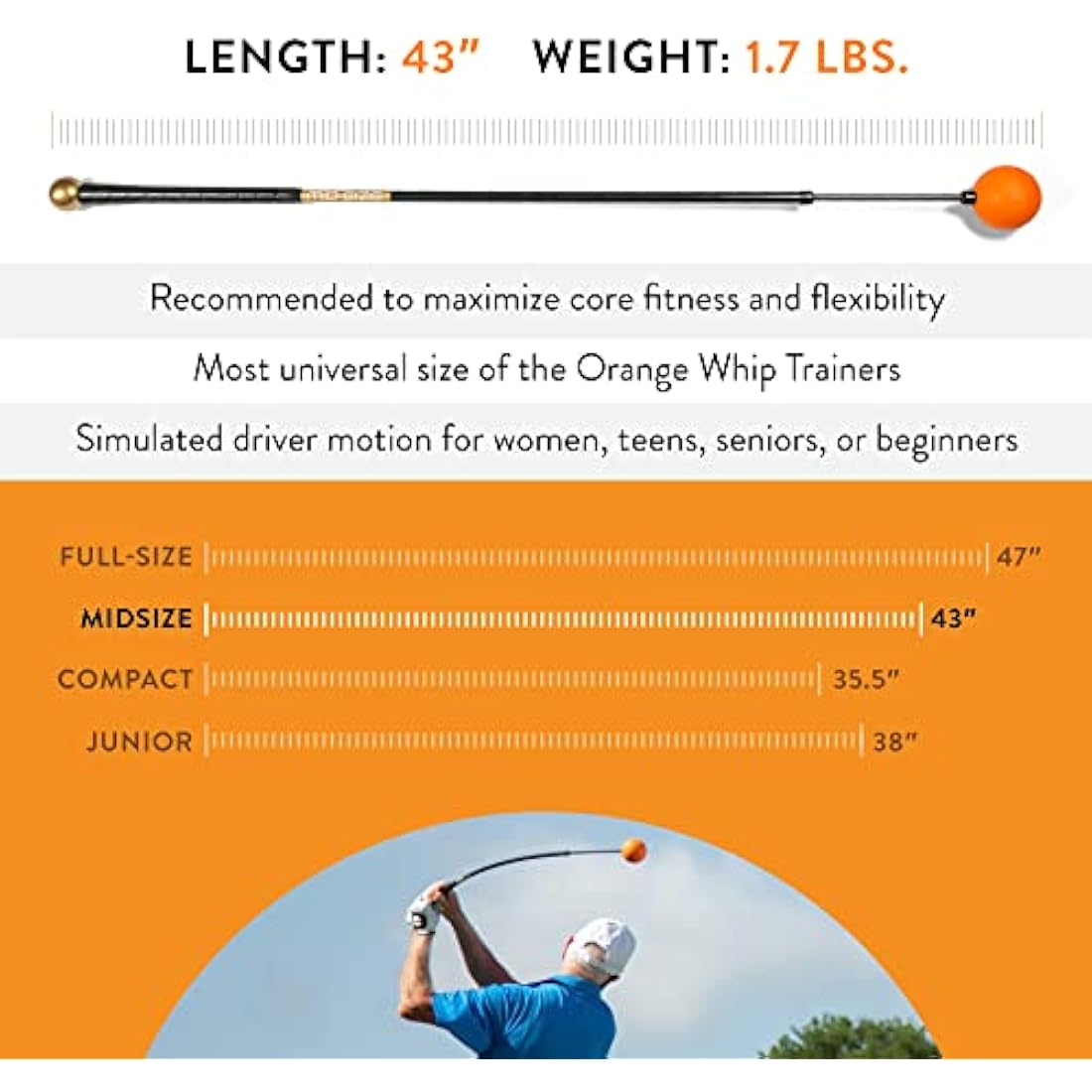 Orange Whip Golf Swing Trainer Aid Patented & Made in USA for Improved Rhythm, Flexibility, Balance, Tempo, and Strength *American Made*