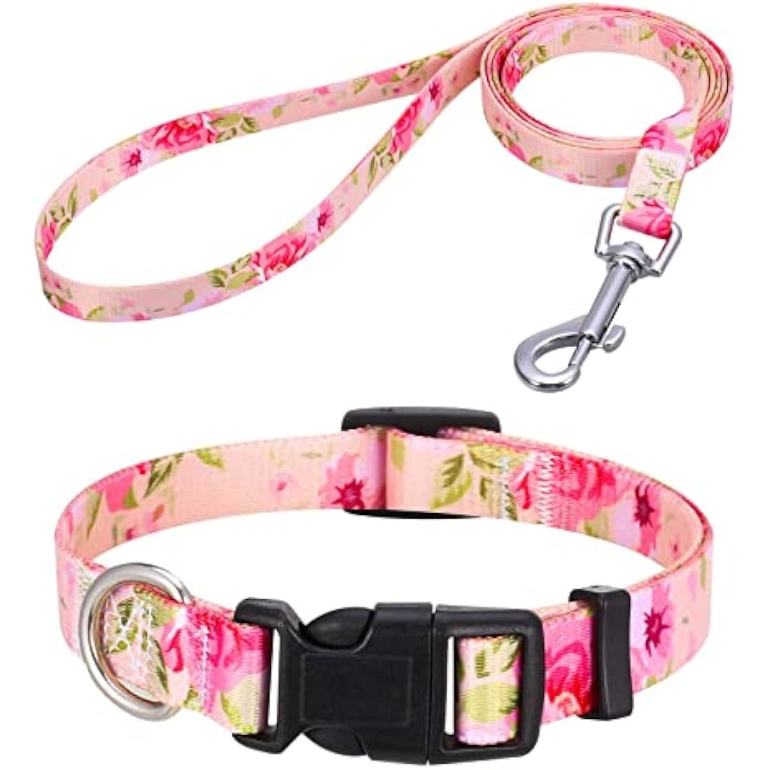 Mihqy Dog Collar and Lead Set with Bohemia Floral Tribal Geometric Patterns - Soft Ethnic Style Collar Adjustable for Small Medium Large Dogs(Pink Rose Set,S)