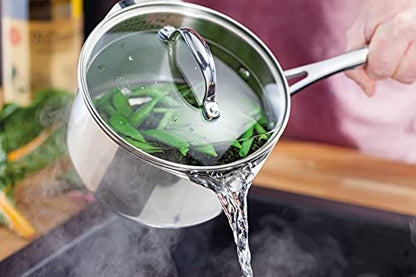 Stellar Profile Stainless Steel Draining Saucepan with Lid 20cm 3.25L Induction Ready, Oven Safe, Dishwasher