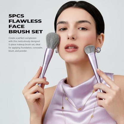 Jessup Makeup Brushes Face 5pcs, Premium Synthetic Make Up Brushes Set for Foundation Contour Blush Highlighter and Powder, Luxury Purple T514