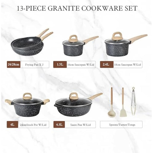 Terlulu Induction Hob Pots and Pans Set - 13pcs Nonstick Cooking Pans Set, Black Granite Cookware Set with Lid, Non Stick Saucepan Set, Frying Pan Set, PFAS PTFE PFOA PFOS Free