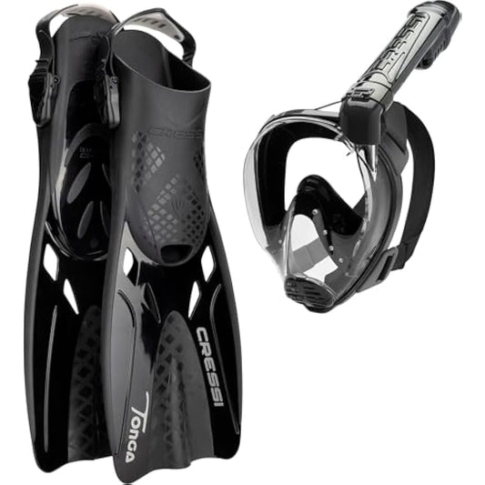 CRESSI Tonga Fins/Set - Lightweight Adjustable Short Fins with Open Heel or Set of Fins + Full Face Mask with Wide Vision Baron, Ideal for Snorkeling, Swimming, Adults