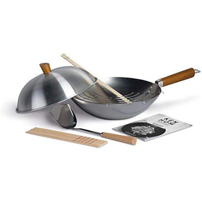 Ken Hom Carbon Steel Wok Set, 31cm, Classic, Non-Induction/Natural Patina Non-Stick/Wooden Handle, Includes Wok Pan with Lid, Wok Utensils & Recipe Book