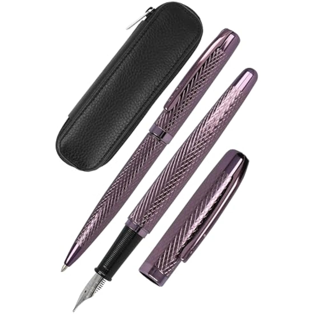 Online Set Eleganza Fountain Pen & Ballpen & Leather Case I Colour: Bordeaux I Nib Size M I Metal Clip I Retractable Biro I Fountain-Pen for Standard Ink Cartridges Or Converter I In Gift Box