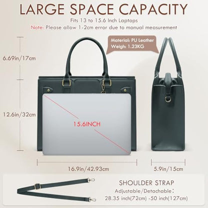 RAINSMORE Laptop Bags for Women PU Leather Work Bags for Women Tote Bag Large Handbag Shoulder Bag for Office Bussiness 15.6 Inch Dark Green