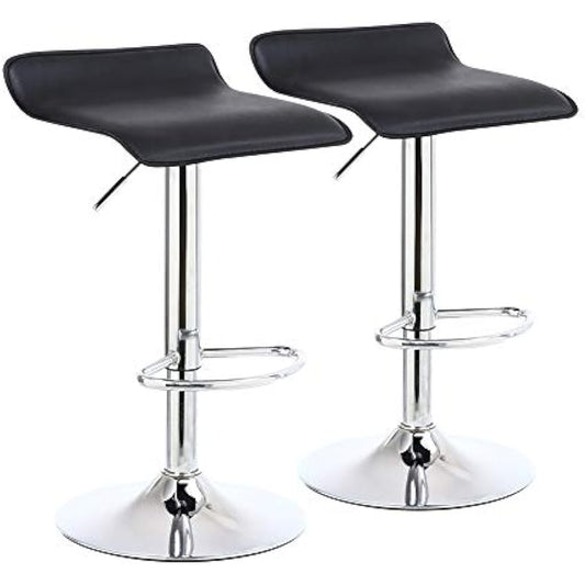 KKTONER 2 x Square Bar Stools PU Leather Swivel Adjustable Counter Stool Office Chair With Footrest (Black)