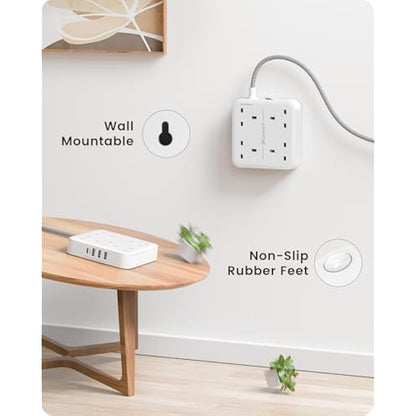 LENCENT 3M Extension Lead with USB C Port (3250W 13A), 4 Way Outlets Power Strip with 1 USB-C and 3 USB Slots, Multi Power Plug Extension with 3M Braided Extension Cord for Home Office- White