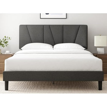 ZINUS Maya King Bed Frame – Bed 150 x 200 cm – 30cm Height – Upholstered platform bed frame with Headboard – Wooden slat support – Dark grey