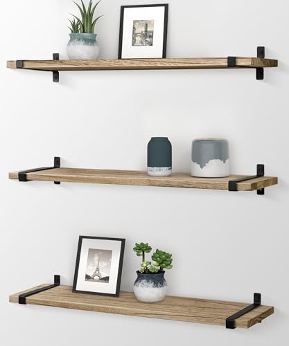 Gronda Rustic Floating Shelves 60CM, Wooden Wall Mounted Shelf Long Storage Hanging Shelf Farmhouse Display for Bedroom Living Room Bathroom Kitchen