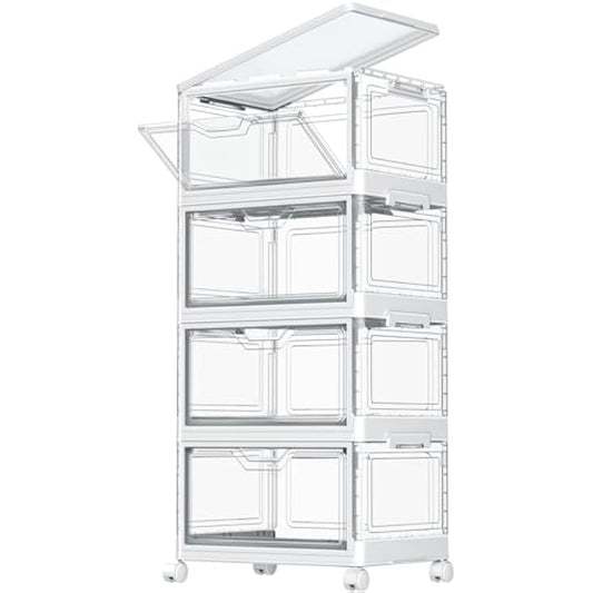 TidyTrove Storage Boxes with Lid - 23L*4 Plastic Storage Box with Front Door, 4 Tier Stackable Boxes, Plastic Drawers, Large Storage Box with Lid for Kitchen Storage & Organisation