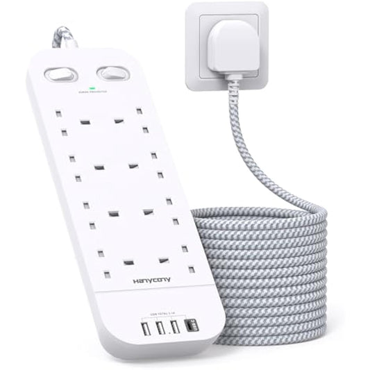 3M Extension Lead with 4 USB Slots, 8 Way Outlets Power Strip with 1800J Surge Protection, Double Switch Plug Extension with 10FT Braided Extension Cable for Home, Dorm Room, Office Accessories