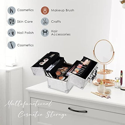 Professional Beauty Vanity Case Cosmetic Makeup Box Nail Polish Storage Beauty Train Case Lockable with Keys(Silver Rose)