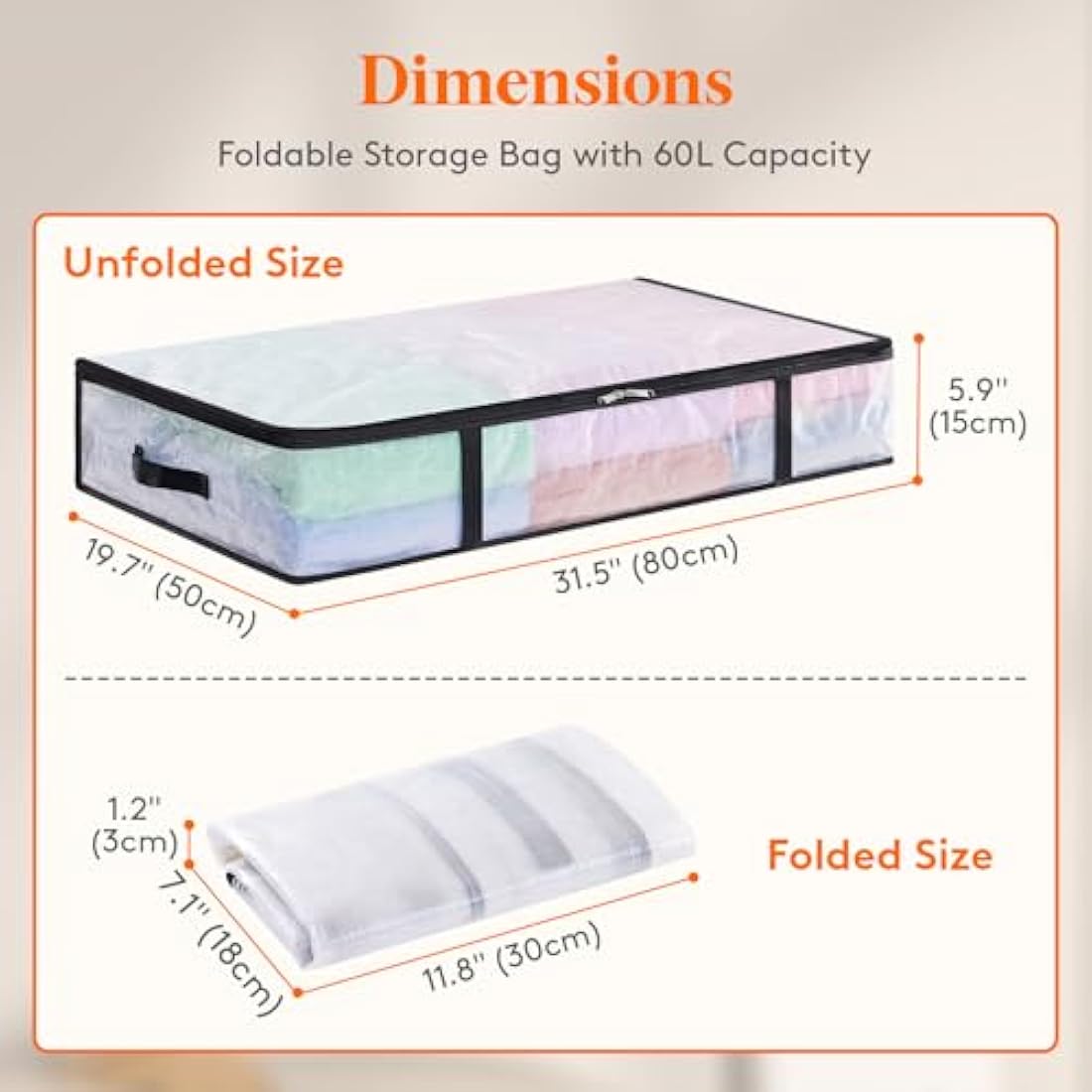 Lifewit 2 Pack Under Bed Storage, 60L Large Clear Plastic Storage Bags, Clothes Storage Boxes Wardrobe Storage Organizer with Reinforced Handle Sturdy PP Fabric for Bedding Clothes Blanket