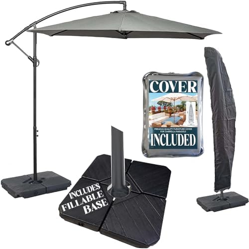 GardenCo 3m Cantilever Banana Parasol INCLUDES BASES & COVER - Hanging Parasol with Crank Handle - Outdoor Garden and Patio Sun Shade (Grey)