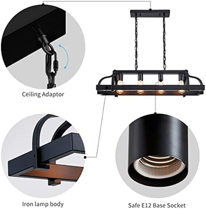 WUZUPS 4-Light Metal Pot Hanging Rack Chandelier Linear Pendant Ceiling Lighting Rustic Farmhouse Fixture Kitchen Island Dining Room, H25 x L88 x W30, E27 Base, Black