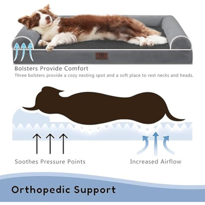 WESTERN HOME Dog Beds Large Washable,Soft Orthopedic Dog Beds with Removable Washable Cover with U-Shape Bolster Dark Grey,91 x 68 x 16.5 cm