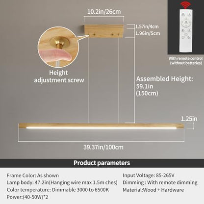 Mikeru 100cm Ash Wood Round Pendant Light, Dining Table Lights 3000K/4500K/6500K Wood Linear Pendant Light LED Dimmable 10% to 100% Modern Island Lighting for Office, Kitchen
