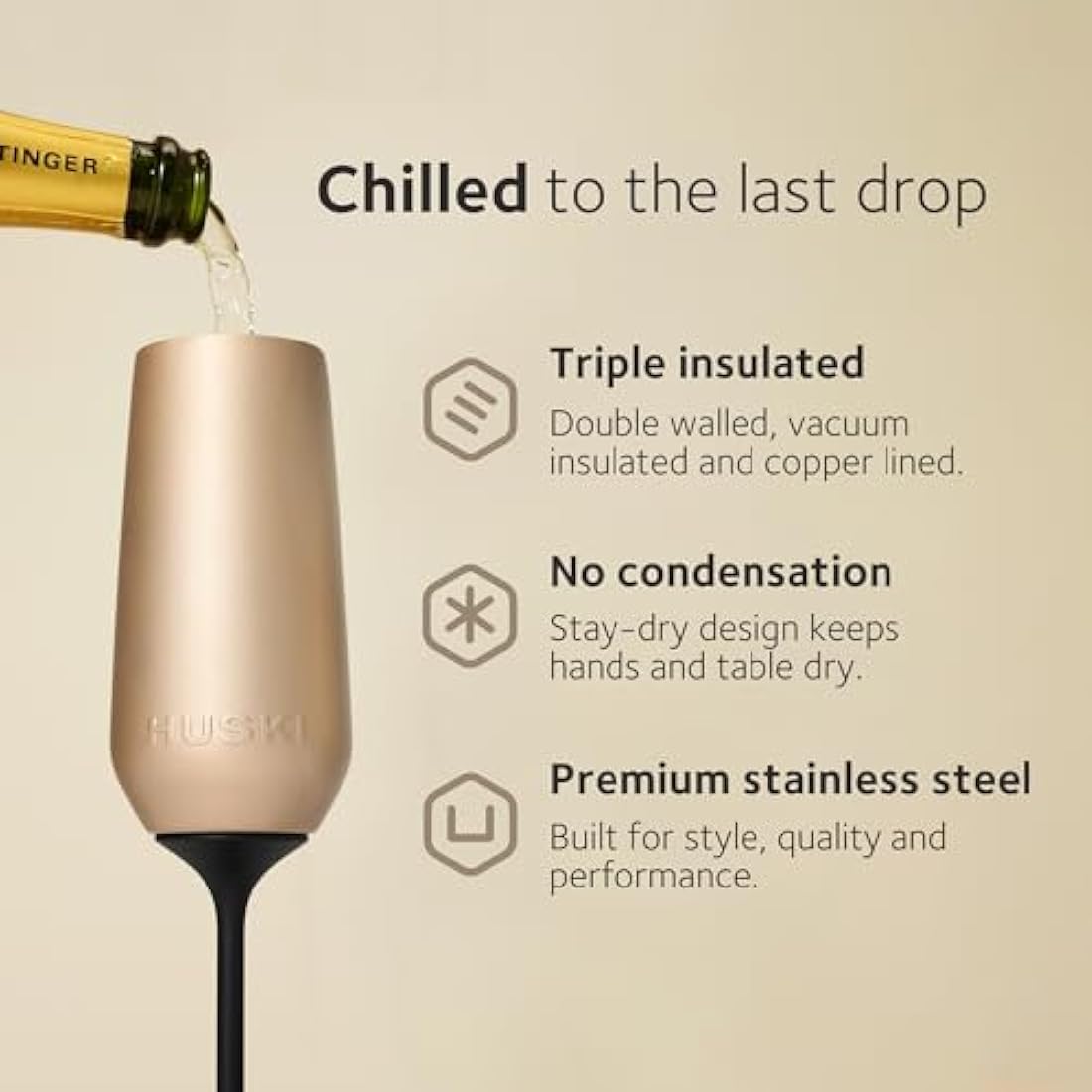 Huski Champagne Flute | New | Award-Winning Design with Detachable Stem | Premium Stainless Steel Champagne Glass with Lid | Triple Insulated Tumbler | 240ml Capacity | Great Gift (White)