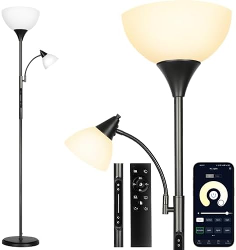 OUTON LED Dimmable Floor Lamp with Touch Control & Remote & App Control, Uplighter Mother and Child Floor Lamp with Reading Lamp, 1 Hour Timer, Tall Standing Lamp for Living Room, Bedroom, Office