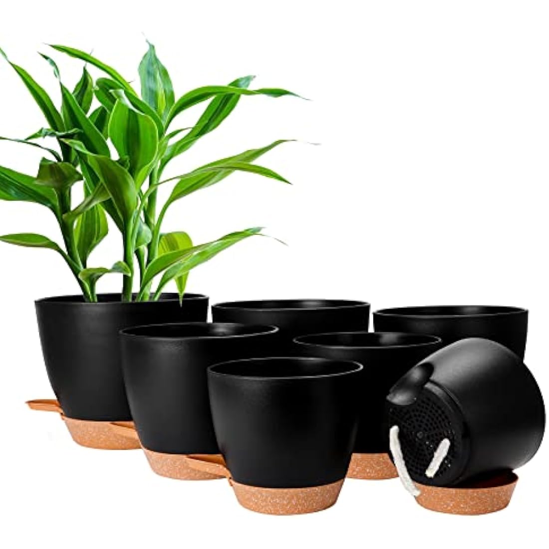 CSYY Plant Pots Indoor, 7Pack Plastic Plant Pots 20.3/19/17.7/16.5/15.2/14/12.7cm, Flower Pots Outdoor Self Watering Plant Pot with Drainage Holes Tray, Plastic Planter for Garden House Plants(Black)