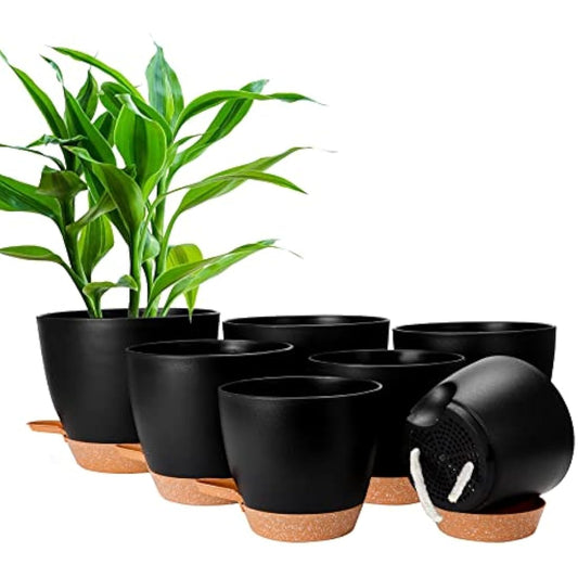CSYY Plant Pots Indoor, 7Pack Plastic Plant Pots 20.3/19/17.7/16.5/15.2/14/12.7cm, Flower Pots Outdoor Self Watering Plant Pot with Drainage Holes Tray, Plastic Planter for Garden House Plants(Black)