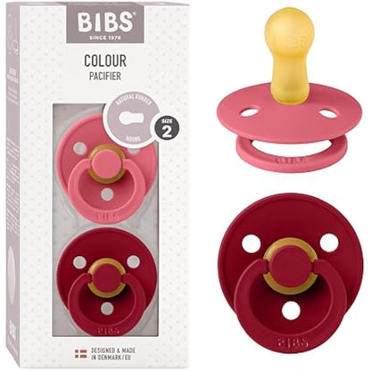 BIBS Colour Soother 2-Pack, BPA Free Dummy Pacifier, Round Nipple. Natural Rubber Latex, Size 2 (6-18 Months), Coral/Ruby