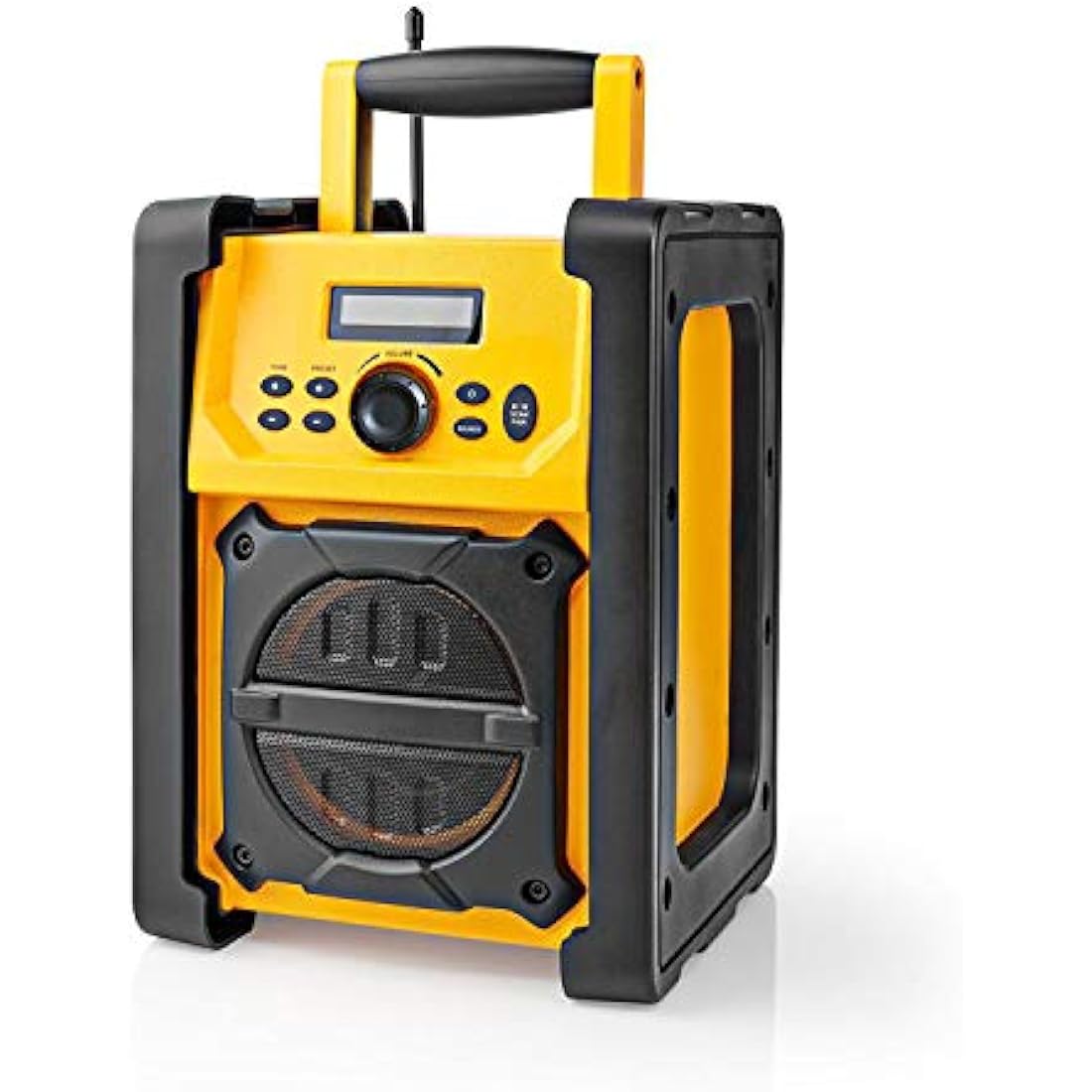 Ex-Pro Job Site FM Radio with Bluetooth, IPX5 Water Resistant Portable Heavy Duty Speaker with AUX In, 20 Presets & Carry Handle, Battery or Mains Powered - Yellow