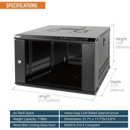 Tecmojo 6U 450mm Deep Wall Mount Server Cabinet IT Network Rack Enclosure, Lockable Door and Side Panels Black, Standard Glass Door, for 19” IT Equipment, A/V Devices, Flat Package