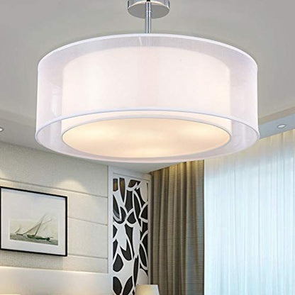 Ceiling Light, SPARKSOR Modern Fabric Pendant Light Shade, Large White Drum Lampshade, 2 Tiers Round Pendant Lamp, for Bedroom Living Room, Flush