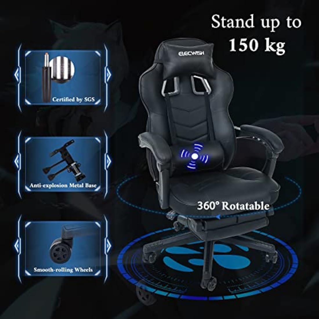 Fullwatt Racing Gaming Chair for adults with Footrest and Massage Lumbar Pillow, Swivel Height Adjustable Reclining PU Leather Video Game Chair, E-Sports Gaming Chair Big and Tall(Black)