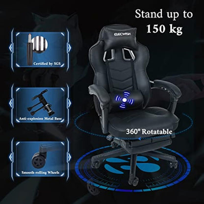 Fullwatt Racing Gaming Chair for adults with Footrest and Massage Lumbar Pillow, Swivel Height Adjustable Reclining PU Leather Video Game Chair, E-Sports Gaming Chair Big and Tall(Black)