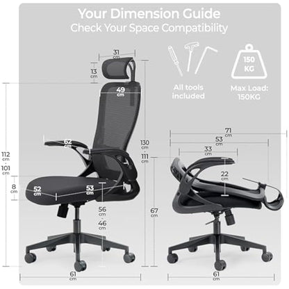 Tervo Model U | Folding Office Chair for Small Spaces | Ergonomic Design with High Rebound Mesh | Computer Desk Chair for Gaming | For Adults & Kids | Foldable & Compact with Flip Up Arms