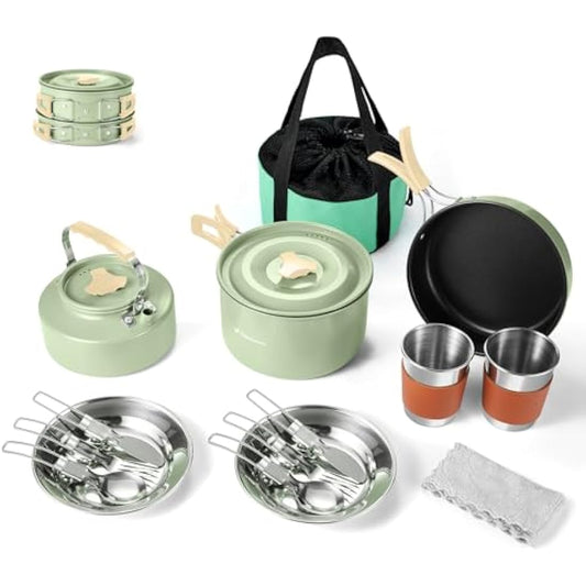 Odoland Camping Cookware Set Non-Stick Pot and Pan Set with Kettle, Stainless Steel Utensils Mess Kit, Cups Plates Knives Spoons Forks for Outdoor Cooking