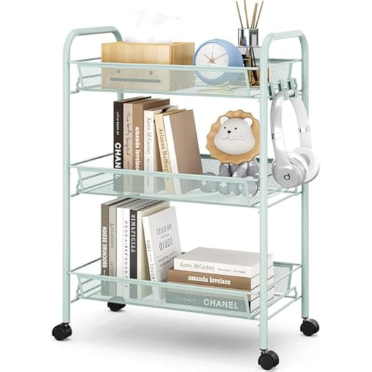 APEXCHASER 3-Tier Rolling Cart,Easy Assemble Mobile Storage Trolley On Wheels,Slide Out Utility Cart Shelving Units Kitchen Bathroom Laundry Room,Green