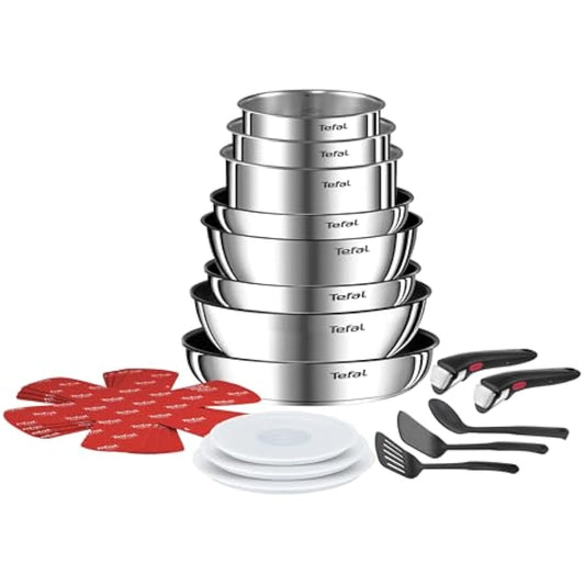 Tefal Ingenio Detachable Handle Pan 20pcs, Stainless Steel, Compact, Compatible with All hobs Induction & Oven, 2-in-1 Pans and bakeware Set, Stackable cookware Set Ideal for Small Kitchen storages