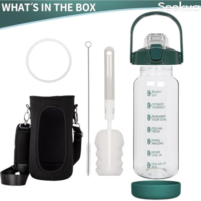 Seekua 2l Glass Water Bottle with Straw & Motivational Time Markings 2 litre Large Leakproof Gym Drinking Bottle