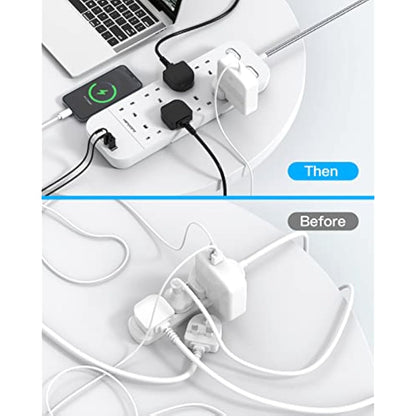3M Extension Lead with 4 USB Slots, 8 Way Outlets Power Strip with 1800J Surge Protection, Double Switch Plug Extension with 10FT Braided Extension Cable for Home, Dorm Room, Office Accessories