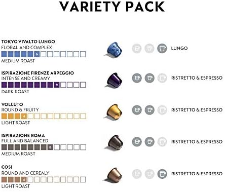 Nespresso Original Coffee Pods, 50 Mixed Pack - 10 Volluto, 10 Roma, 10 Cosi, 10 Vivalto and 10 Arpeggio Capsules for Nespresso Machines. Make Espressos, Cappuccino and Macchiato. Recyclable Pods