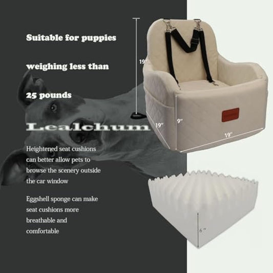Lealchum Dog Booster Car Seat for Small/Medium Dogs,Puppy Portable Seat for Car with Elevated Cushion,Fully Detachable and Washable Pet Seat with Storage Pockets,Easy to Install (Beige, Medium)